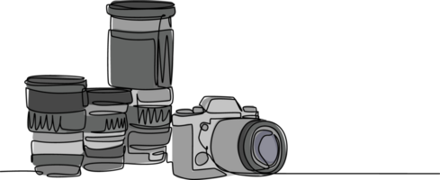 One single line drawing of old retro analog slr camera with set of telephoto and wide lenses. Vintage classic photography equipment concept continuous line draw design graphic illustration png