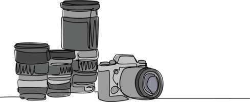 een single lijn tekening van oud retro analoog slr camera met reeks van telefoto en breed lenzen. wijnoogst klassiek fotografie uitrusting concept doorlopend lijn trek ontwerp grafisch illustratie png