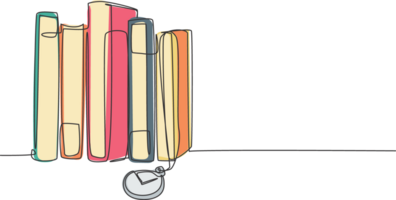 un Célibataire ligne dessin empiler de rétro vieux classique livres ligne avec poche analogique regarder suspendu. ancien bibliothèque article concept continu ligne dessiner conception illustration graphique png