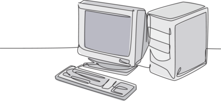 Single continuous line drawing of of retro old classic personal computer processor unit. Vintage cpu with analog monitor and keyboard item concept one line draw design illustration graphic png