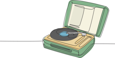 een single lijn tekening van retro oud klassiek portable muziek- draaitafel vinyl schijf jockey. wijnoogst analoog audio speler item concept doorlopend lijn grafisch trek ontwerp illustratie png