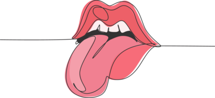 Single continuous line drawing of old retro classic iconic lips and tongue from 80s era. Vintage icon concept one line draw graphic design illustration png