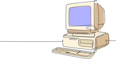 Single continuous line drawing of retro old classic personal computer processor unit. Vintage cpu with analog monitor and keyboard item concept one line draw design graphic illustration png