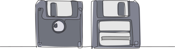 One single line drawing of retro old classic 3.5 inch floppy disk front and back side. Vintage file storage diskette item concept continuous line graphic draw design illustration png