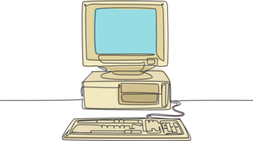 Single continuous line drawing of retro old classic personal computer processor unit. Vintage cpu with analog monitor and keyboard item concept one line draw graphic design illustration png