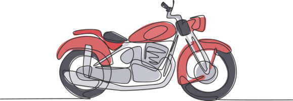 enda kontinuerlig linje teckning av gammal klassisk årgång chopper motorcykel symbol. retro motorcykel transport begrepp ett linje dra design grafisk illustration png