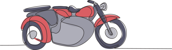 un continu ligne dessin de rétro vieux ancien moto avec side-car. classique moto transport concept Célibataire ligne dessiner graphique conception illustration png