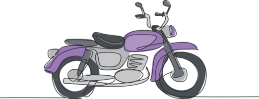 One continuous line drawing of retro old vintage motorcycle icon. Classic motorbike transportation concept single line draw graphic design illustration png