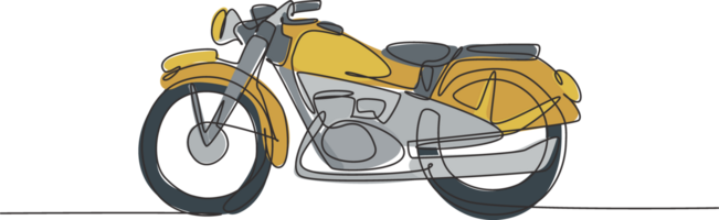 enda kontinuerlig linje teckning av gammal klassisk årgång motorcykel symbol. retro motorcykel transport begrepp ett linje dra design grafisk illustration png