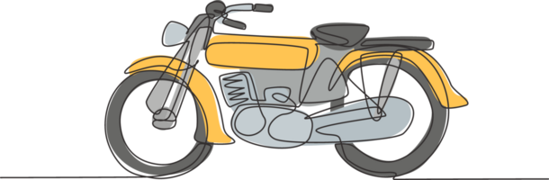 ett enda linje teckning av gammal retro årgång motorcykel. årgång motorcykel transport begrepp kontinuerlig linje grafisk dra design illustration png