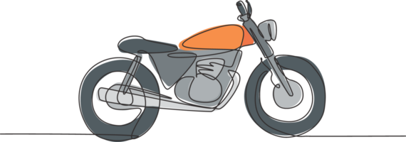 enda kontinuerlig linje teckning av gammal klassisk årgång motorcykel symbol. retro motorcykel transport begrepp ett linje dra grafisk design illustration png