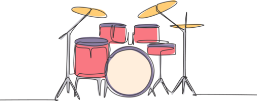einer Single Linie Zeichnung von Trommel Band Satz. Schlagzeug Musik- Instrumente Konzept. modisch kontinuierlich Linie zeichnen Design Grafik Illustration png