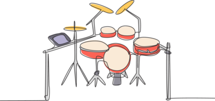 Continuous single line drawing of electronic drum band set. Modern electric digital percussion music instruments concept one line draw design graphic illustration png