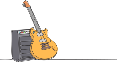 One single line drawing of electric guitar with amplifier. Stringed music instruments concept. Trendy continuous line draw graphic design illustration png