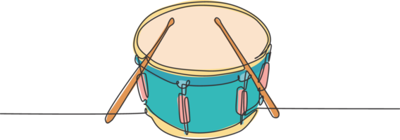 One single line drawing of little drum with drum sticks. Percussion music instruments concept. Dynamic continuous line draw design graphic illustration png