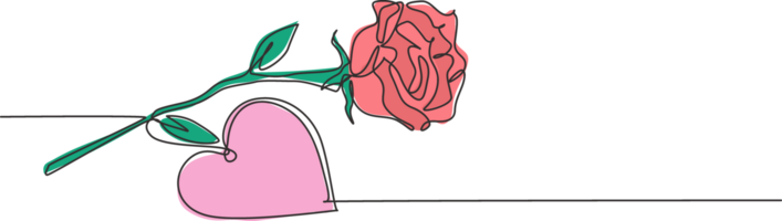 uno continuo línea dibujo de Fresco romántico hermosa Rosa flor y corazón forma saludo tarjeta. de moda invitación, logo, bandera, póster concepto soltero línea dibujar diseño gráfico ilustración png