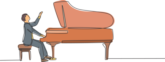 uno continuo linea disegno di giovane contento maschio pianista giocando classico mille dollari pianoforte su musica concerto Teatro Festival. musicista artista prestazione concetto singolo linea disegnare design illustrazione png