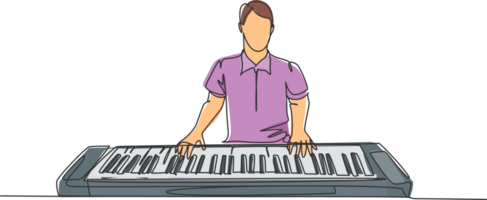 uno singolo linea disegno di giovane contento maschio pianista giocando elettrico sintetizzatore, un' moderno tastiera pianoforte. musicista artista prestazione concetto continuo linea disegnare design grafico illustrazione png