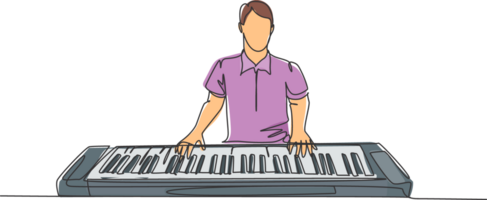 un Célibataire ligne dessin de Jeune content Masculin pianiste en jouant électrique synthétiseur, une moderne clavier piano. musicien artiste performance concept continu ligne dessiner conception graphique illustration png