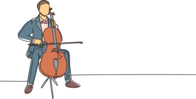 ett enda linje teckning av ung Lycklig manlig cellist utför till spela cello på klassisk orkester teater. musiker konstnär prestanda begrepp kontinuerlig linje dra grafisk design illustration png