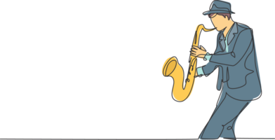 One continuous line drawing of young happy male saxophonist with hat performing to play saxophone on music concert. Musician artist performance concept single line draw design illustration png