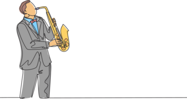soltero continuo línea dibujo de joven contento masculino saxofonista con sombrero ejecutando a jugar saxofón en música concierto. músico artista actuación concepto uno línea dibujar diseño ilustración png