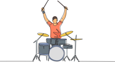 1 solteiro linha desenhando do jovem feliz masculino baterista levantar baqueta acima enquanto jogar tambor conjunto em música show estágio. músico artista desempenho conceito contínuo linha desenhar Projeto ilustração png