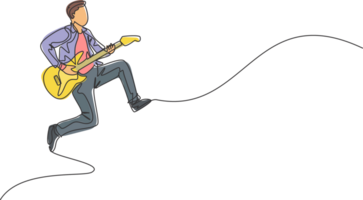 One continuous line drawing of young happy male guitarist jumping while playing electric guitar on music concert stage. Musician artist performance concept single line draw design illustration png
