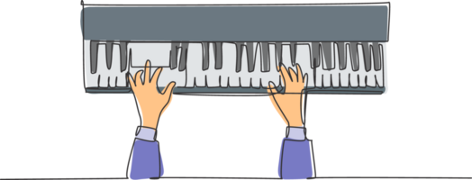 Célibataire continu ligne dessin de Jeune content pianiste en jouant clavier de grandiose piano sur la musique concert orchestre, Haut voir. musicien artiste performance concept un ligne dessiner conception illustration png