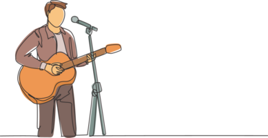 One continuous line drawing of young happy male guitarist playing acoustic guitar and singing on music festival stage. Musician artist performance concept single line draw design illustration png