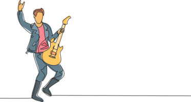 uno singolo linea disegno di giovane contento maschio chitarrista giocando elettrico chitarra su musica Festival palcoscenico. musicista artista prestazione concetto continuo linea disegnare design grafico illustrazione png