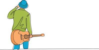een doorlopend lijn tekening van jong gelukkig mannetje gitarist vervelend hoed en Holding akoestisch gitaar Aan zijn hand. modern musicus artiest concept single lijn trek grafisch ontwerp illustratie png