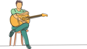 Single continuous line drawing of young happy male guitarist sitting after playing acoustic guitar on chair. Trendy musician artist performance concept one line graphic draw design illustration png