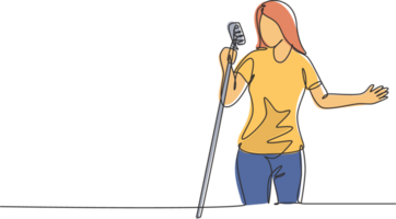 ett enda linje teckning av ung Lycklig kvinna sångare innehav en mikrofon och sång på musik konsert. musiker konstnär prestanda begrepp kontinuerlig linje dra grafisk design illustration png