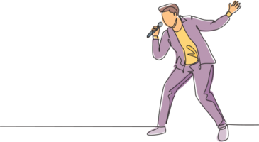 Célibataire continu ligne dessin de Jeune content Masculin pop chanteur en portant microphone et en chantant sur la musique concert organiser. branché musicien artiste performance concept un ligne dessiner conception illustration png