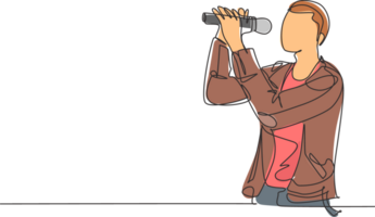 un Célibataire ligne dessin de Jeune content Masculin Roche chanteur en portant microphone et en chantant sur la musique Festival organiser. musicien artiste performance concept continu ligne dessiner conception illustration png