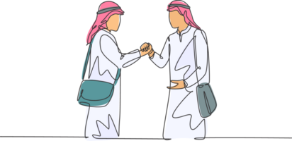 Single continuous line drawing of young muslim hook their hands together to celebrate success. Arab middleeast businessmen with kandura, thawb, robe cloth. One line draw design illustration png