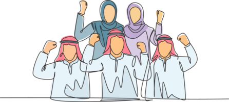 Single continuous line drawing of young muslim sales team celebrate their solid teamwork. Arab middleeast businessmen with shmagh, kandura, thawb, robe cloth. One line draw design illustration png