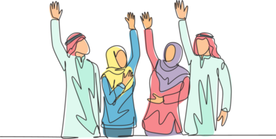 One single line drawing of young happy muslim business people raise their hands. Saudi Arabian businessmen with shmag, kandora, headscarf, thobe ghutra. Continuous line draw design illustration png