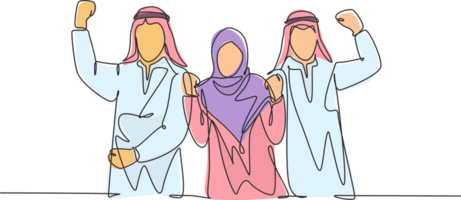 einer Single Linie Zeichnung von jung glücklich Muslim Marketing Mitarbeiter Show Zusammenarbeit. Saudi arabisch Geschäftsleute mit schmag, Kandora, Kopftuch, Thobe, Ghutra. kontinuierlich Linie zeichnen Design Illustration png