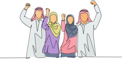 Single continuous line drawing of young muslim business people celebrate the project deal. Arab middleeast businessmen with shmagh, kandura, thawb robe cloth. One line draw design illustration png