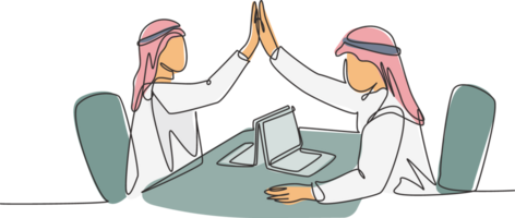 ett enda linje teckning av ung Lycklig muslim marknadsföring chef ger hög fem händer gest. saudi arab med kandora, huvudduk, thobe, ghutra. kontinuerlig linje dra design illustration png