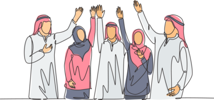 Single continuous line drawing of young muslim business man raising hands to the air together. Arab middleeast businessmen with shmagh, kandura, robe cloth. One line draw design illustration png