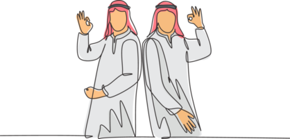 One single line drawing of young happy muslim employees give OK alright hands gesture. Saudi Arabian businessmen with shmag, headscarf, thobe, ghutra. Continuous line draw design illustration png