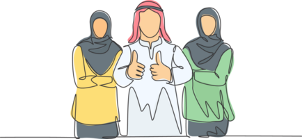 One continuous line drawing of young muslim business team members lining up while give thumb up gesture. Islamic clothing shemag, scarf, keffiyeh, hijab. Single line draw design illustration png