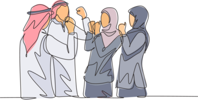 Single continuous line drawing of young muslim business people celebrate their success. Arab middleeast businessmen with shmagh, kandura, thawb, robe cloth. One line draw design illustration png