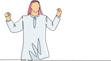 One single line drawing of young happy muslim junior manager raise hands to celebrate the success. Saudi Arabian with shmag, kandora, headscarf, thobe. Continuous line draw design illustration png