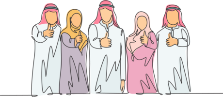 One continuous line drawing of young muslim male and female managers giving thumbs up gestures. Islamic clothing shemag, kandura, scarf, keffiyeh. Single line draw design illustration png