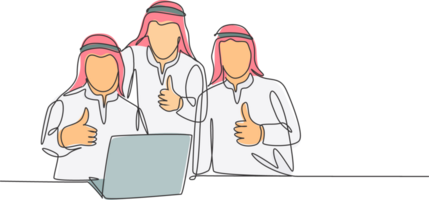 Single continuous line drawing of young muslim team manager give thumbs up gesture while sitting in front of laptop. Arab middleeast cloth kandura, thawb, robe. One draw design illustration png