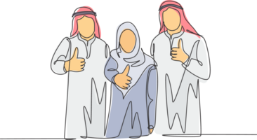 One continuous line drawing of young happy muslim employees giving thumbs up gesture to celebrate job promotion. Islamic clothing shemag, scarf, keffiyeh. Single line draw design illustration png